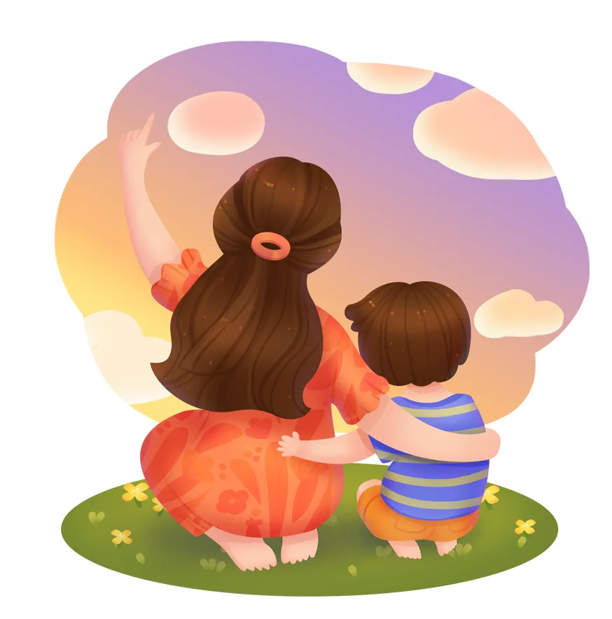 温馨唯美孩子妈妈夕阳晚霞母亲节人物插画