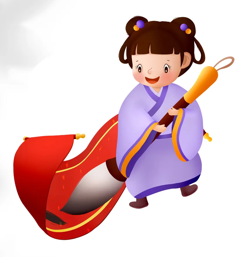 简约卡通女孩毛笔书法人物插画