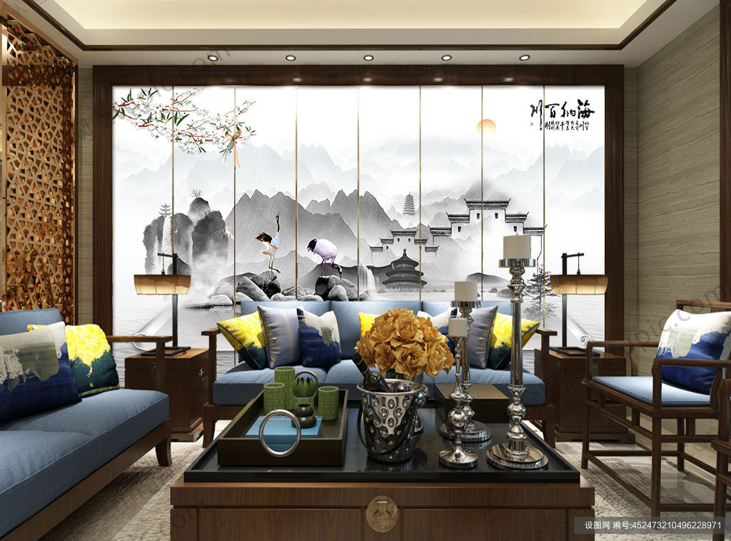 中式淡雅水墨山水创意背景墙psd下载_编号452473210496228971-设图网