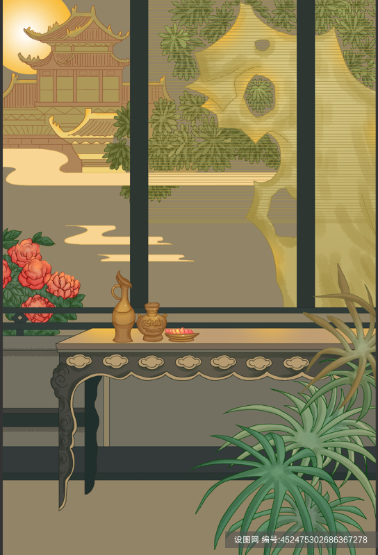 中式插画建筑室内人物插画背景psd下载_编号452475302686367278-设图网