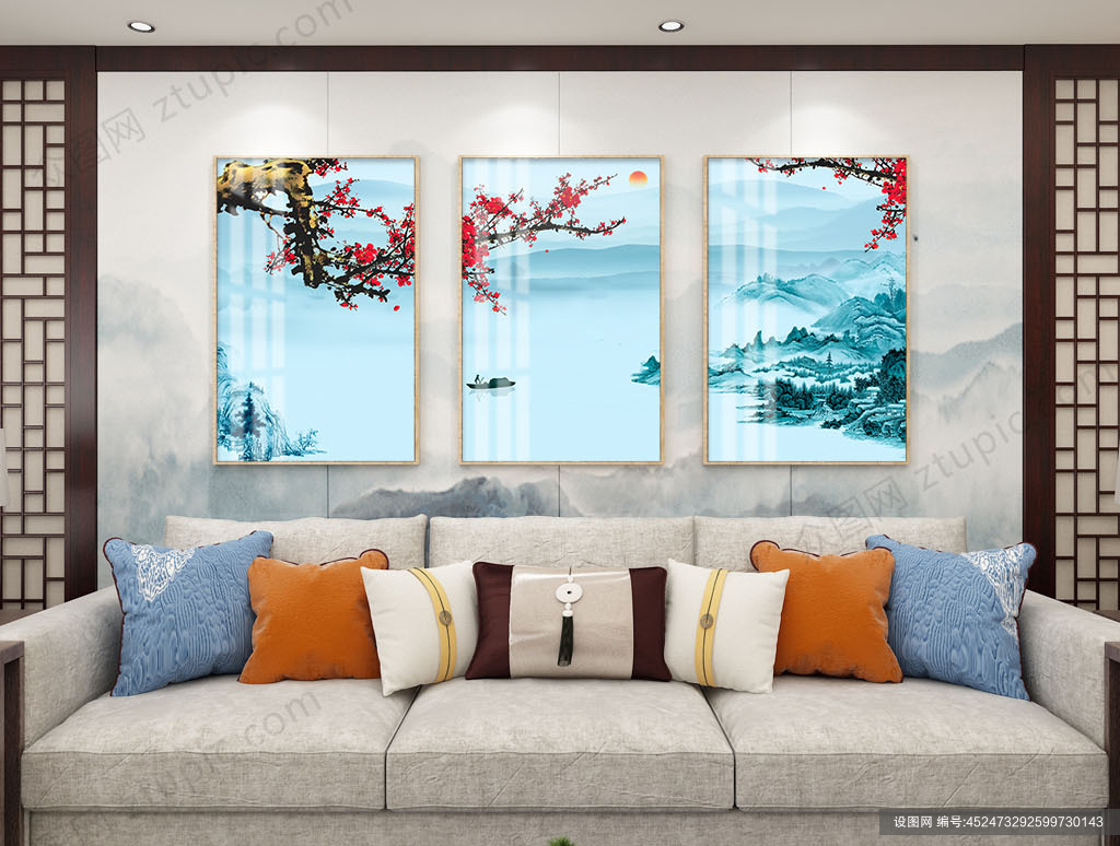 蓝色新中式山水大气装饰画psd下载_编号452473292599730143-设图网