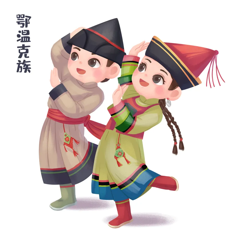 中华56个民族团结中华少数民族文化鄂温克族插画设计
