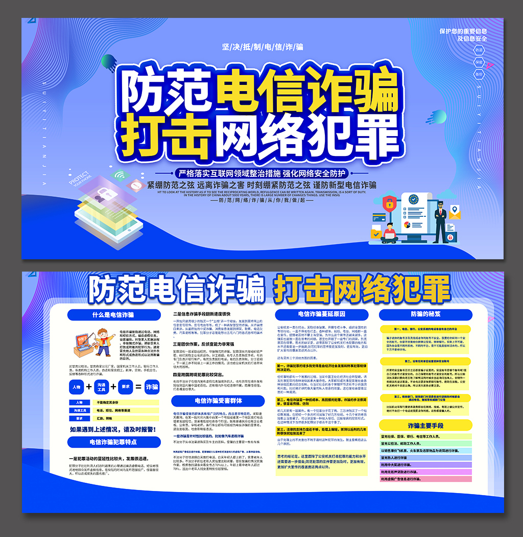 预防诈骗电信诈骗打击网络犯罪宣传栏展板psd下载_编号452483333268574976-设图网