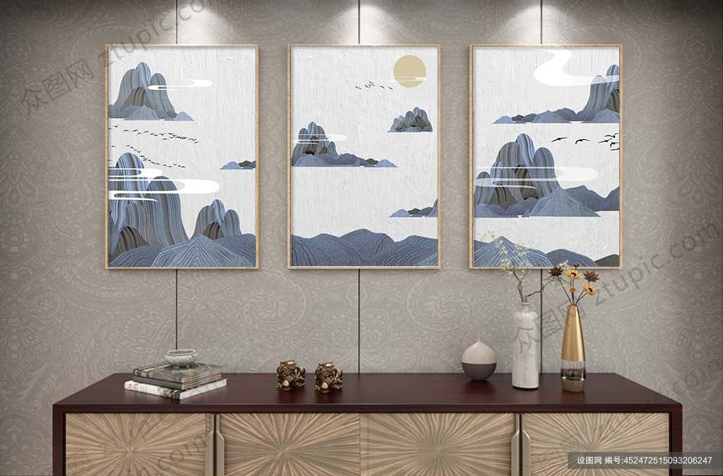 素雅新中式抽象山水装饰画 大气山河图psd下载_编号452472515093206247-设图网