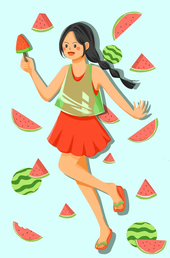 扁平西瓜女孩的清凉一夏 夏季水果人物插画