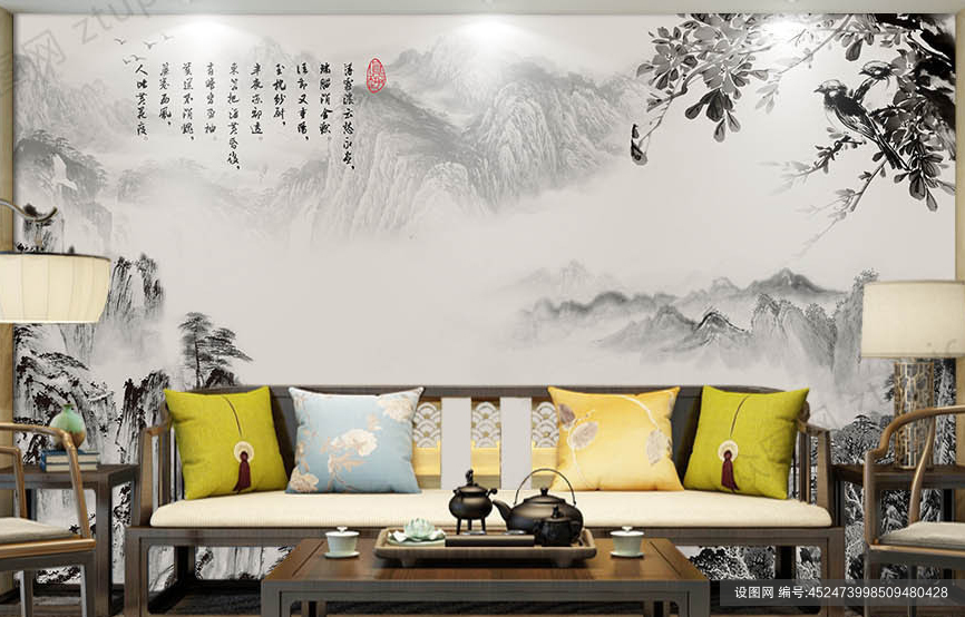 大气新中式山水背景墙psd下载_编号452473998509480428-设图网