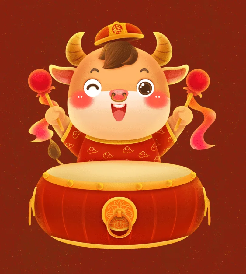 乐乐牛打鼓牛年插画新年元素牛年辛丑牛插画