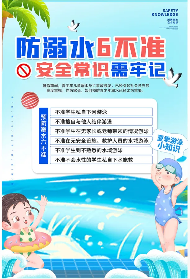 蓝色校园防溺水6不准安全常识海报展板