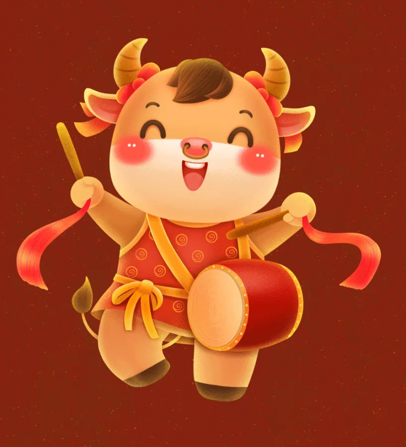 可爱牛乐乐打腰鼓牛年插画