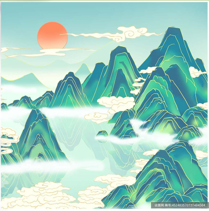 中国水墨国潮山水新中式水墨风景元素青绿山水插画psd下载_编号452483570737484584-设图网