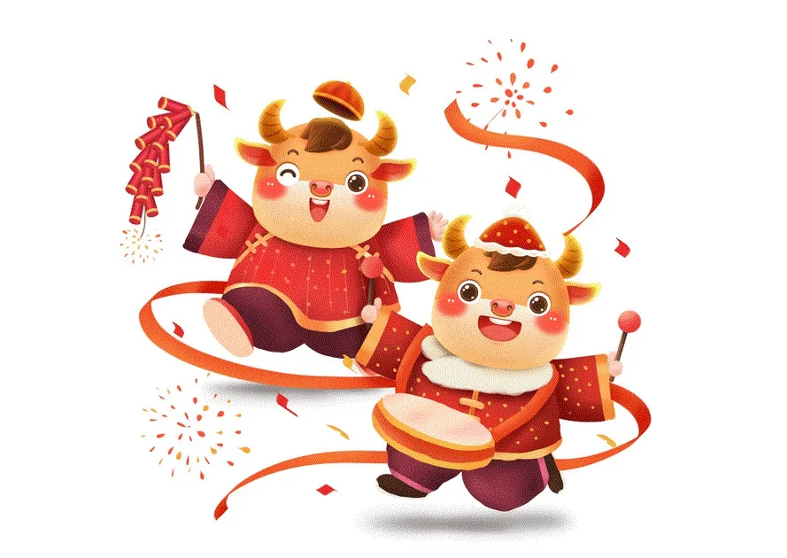 福气可爱牛牛年辛丑牛打鼓放鞭炮春节插画