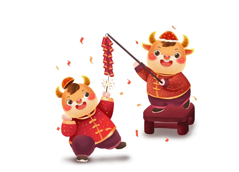 福气可爱牛热闹牛年辛丑牛放鞭炮春节插画