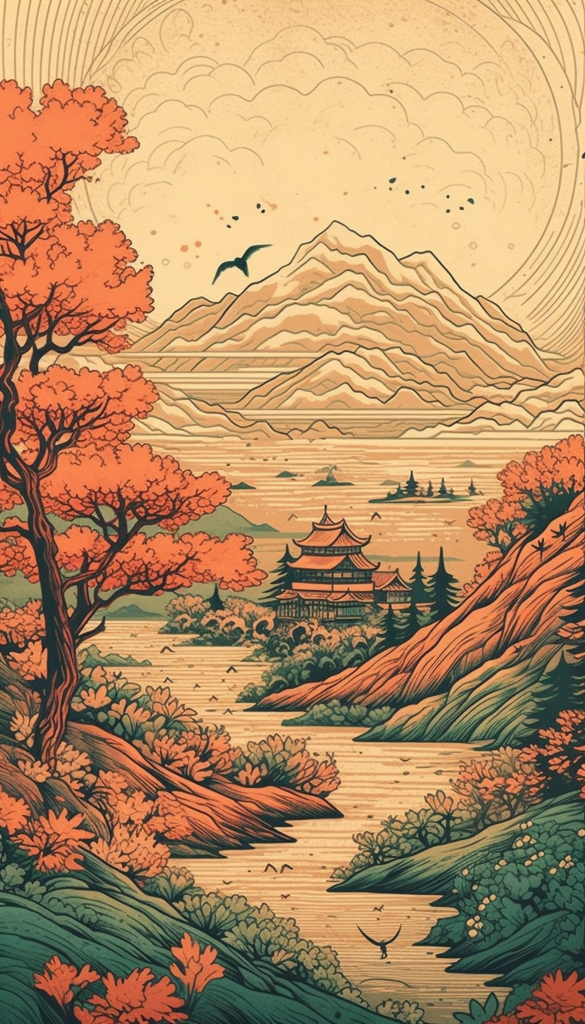 国潮山水祥云国潮风国潮风景场景插画图片png下载_编号539051743200287118-设图网