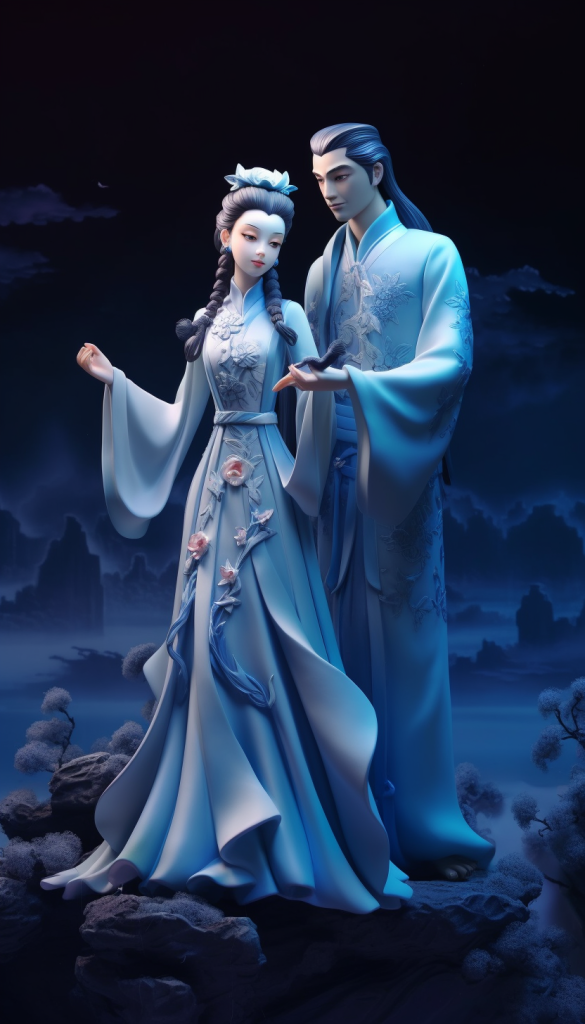 国潮中国风汉服情侣七夕牛郎织女模型图片