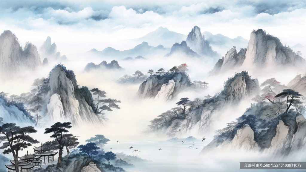 云雾缭绕横版中国风水墨山水插画png下载_编号560752246103611079-设图网