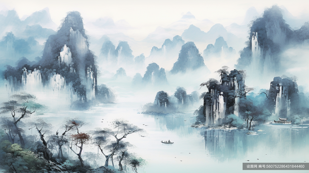 云雾缭绕横版中国风水墨山水插画png下载_编号560752286431844460-设图网