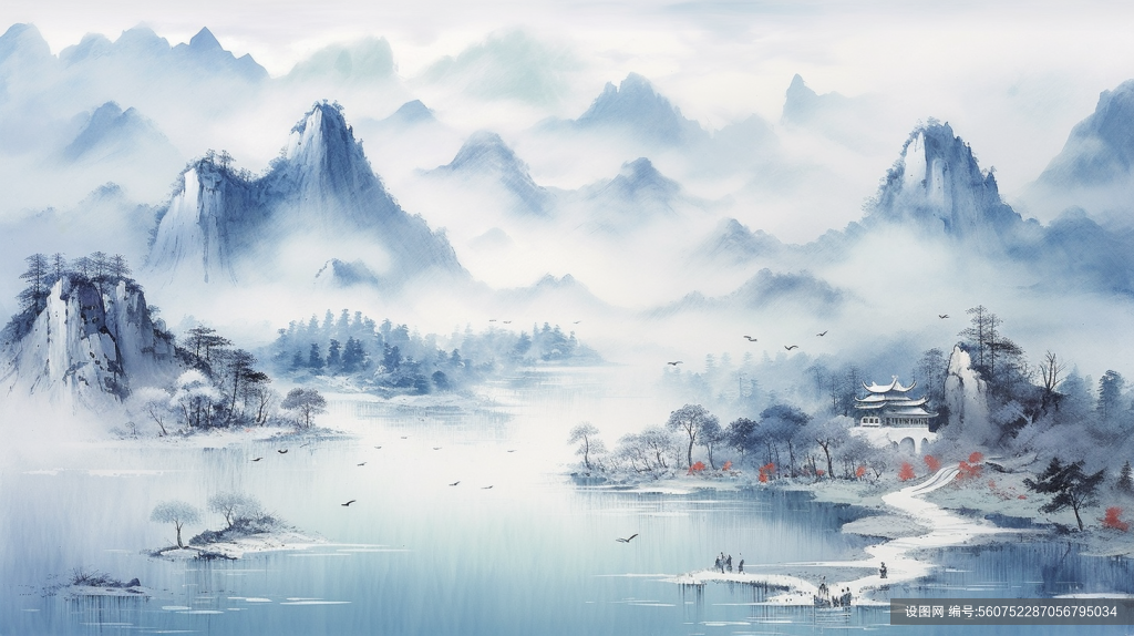 云雾缭绕横版中国风水墨山水插画png下载_编号560752287056795034-设图网