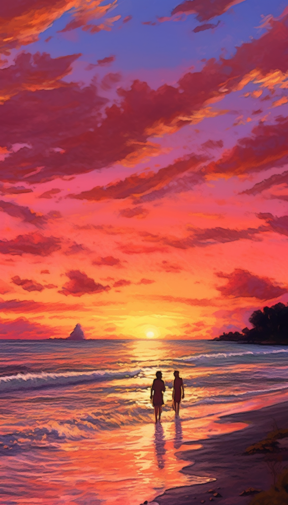 夏日浪漫油画风海边晚霞风景插画png下载_编号560788028528923380-设图网