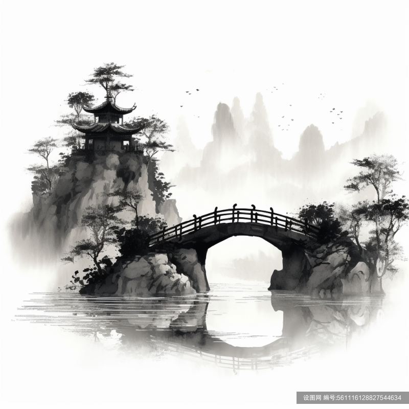 设图水彩黑白中国风水墨山水风景插画png下载_编号561116128827544634-设图网