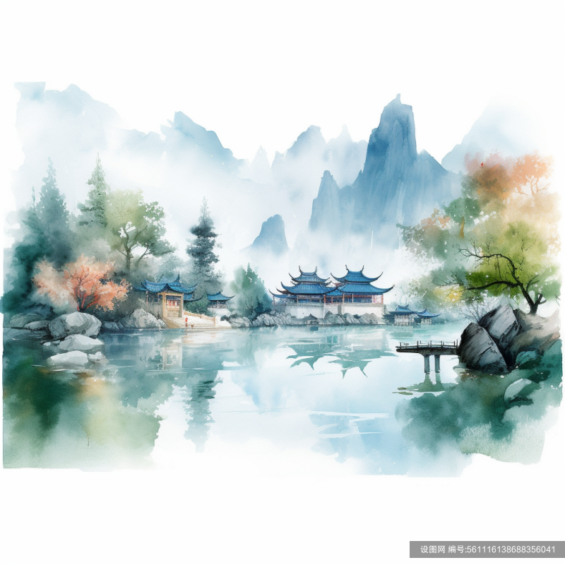 简洁大气古风中国风水墨山水风景插画png下载_编号561116138688356041-设图网