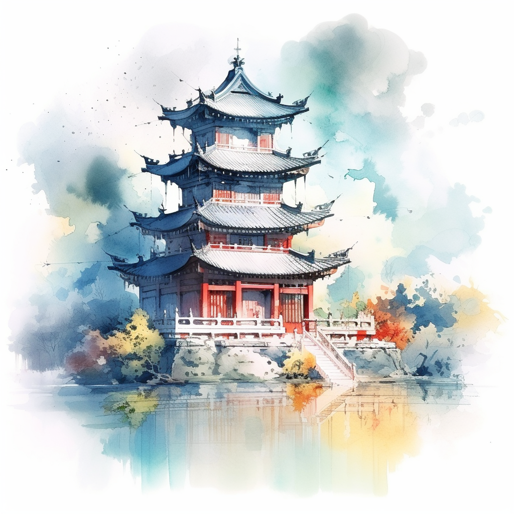国风建筑园林楼阁中国风水墨山水风景插画png下载_编号561116148729517091-设图网