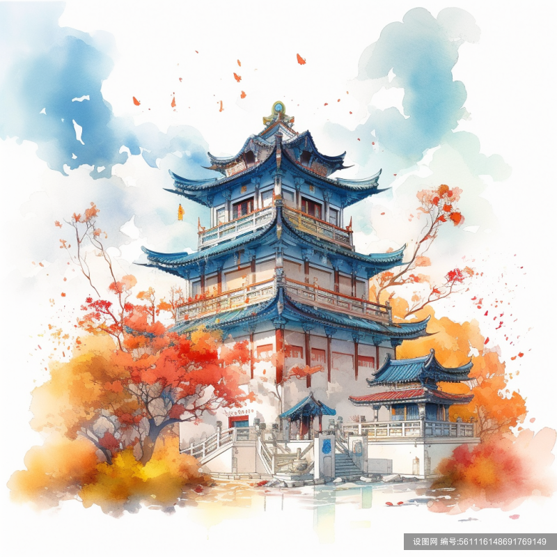 国风建筑园林楼阁中国风水墨山水风景插画png下载_编号561116148691769149-设图网