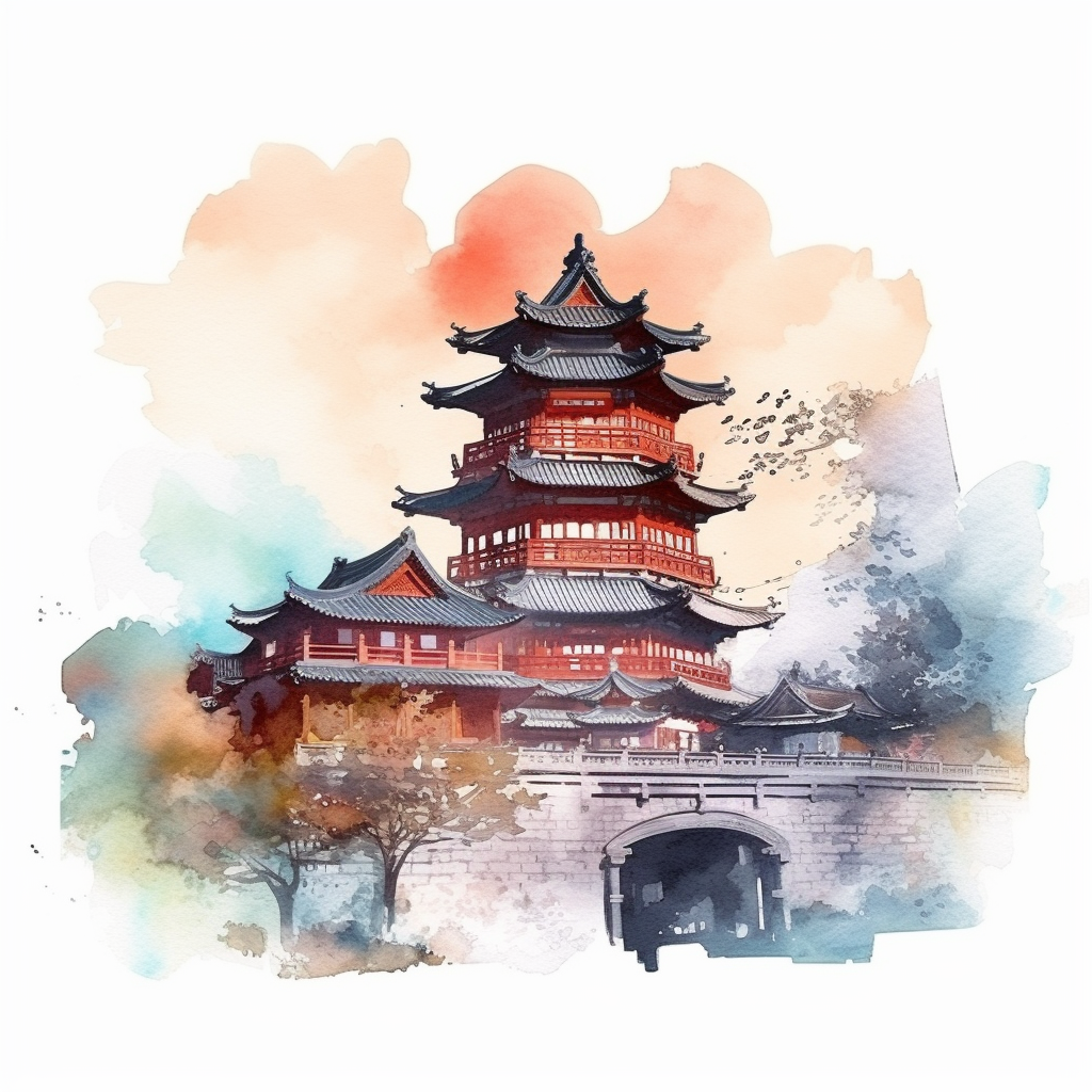 国风建筑园林楼阁中国风水墨山水风景插画png下载_编号561116176940405077-设图网