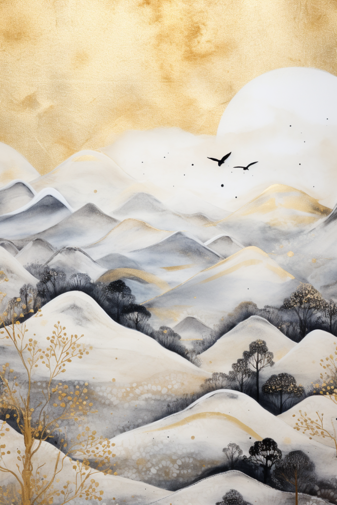 水墨画风轻奢金箔山水树木装饰插画图片