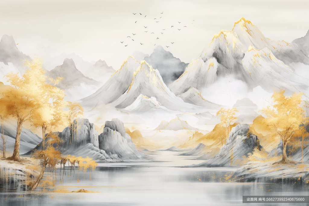 水墨画风轻奢金箔山水树木装饰插画图片png下载_编号566273992340675660-设图网