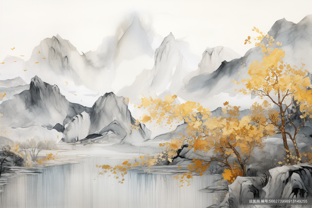 水墨画风轻奢金箔山水树木装饰插画图片png下载_编号566273998913149255-设图网