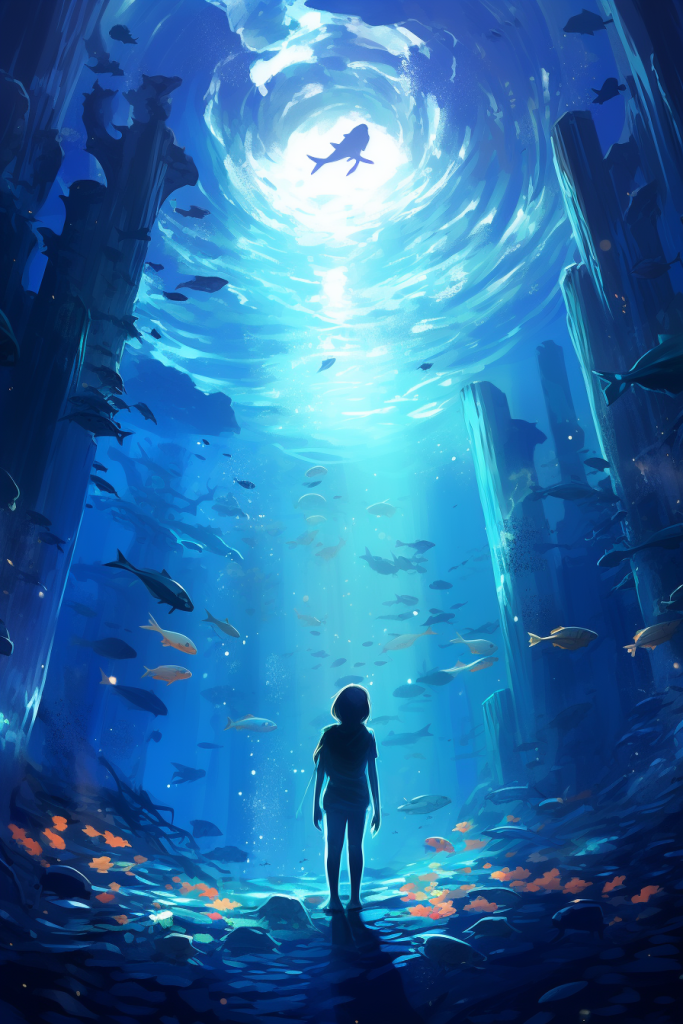 海底世界人物背影插画图片