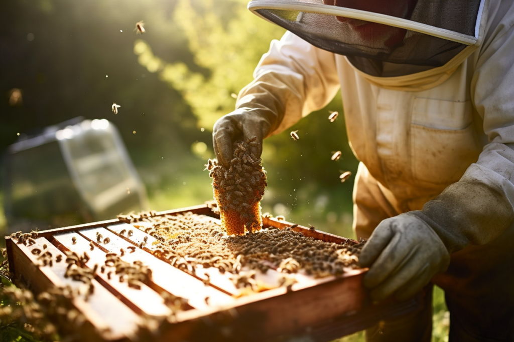 春日养蜂人日常管理蜂箱蜜蜂养殖摄影图