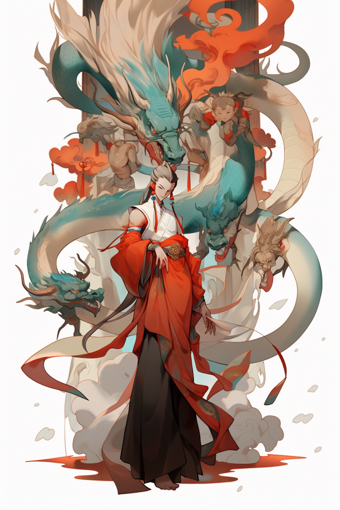 水墨古装红衣少女古风女孩和龙插画