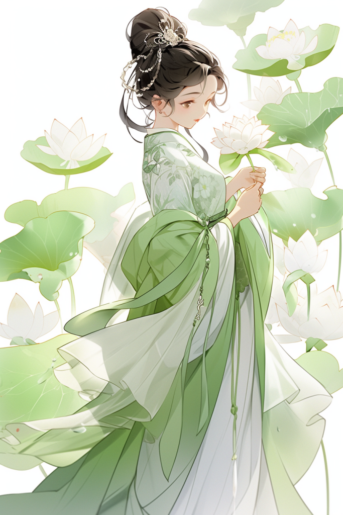 水墨荷叶古装绿衣少女古风女生插画