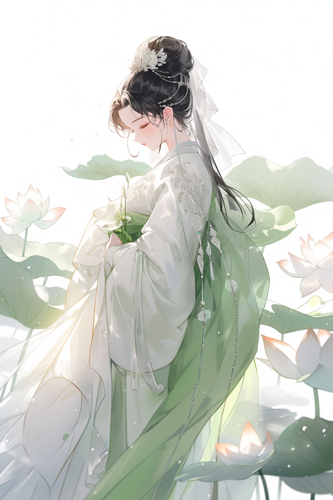 水墨荷叶古装绿衣少女古风女生插画