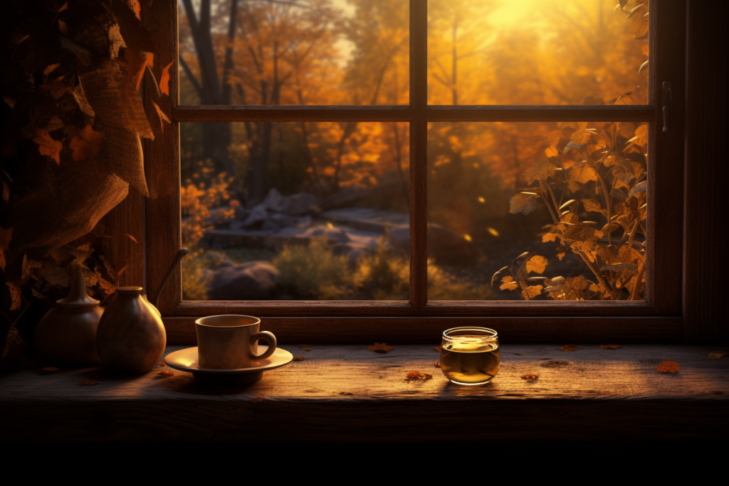 秋季窗边赏秋景喝茶下午茶氛围摄影图