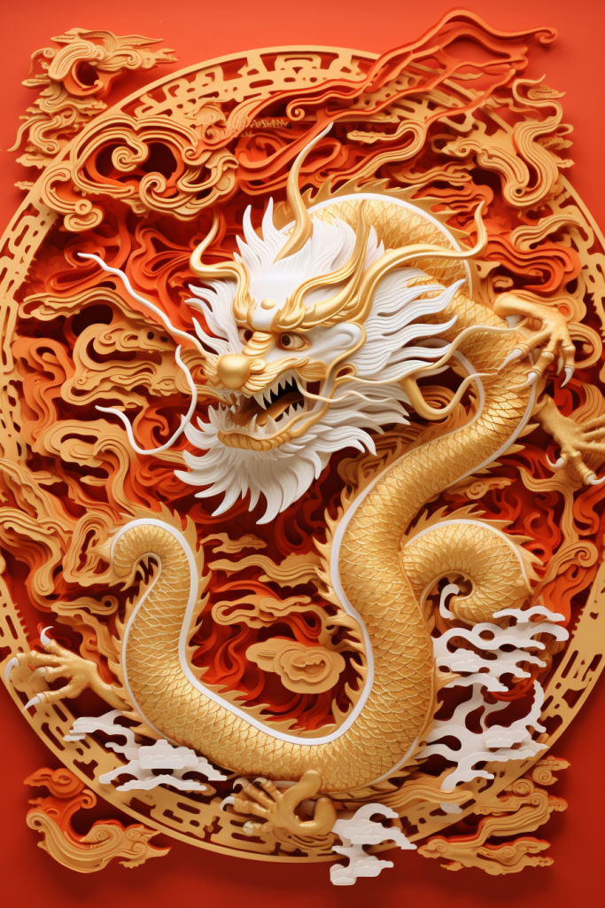 红色中国风喜庆龙剪纸图案背景图