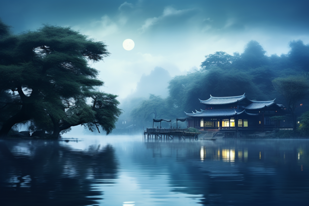 朦胧夜色中秋节月亮水面思乡氛围摄影图