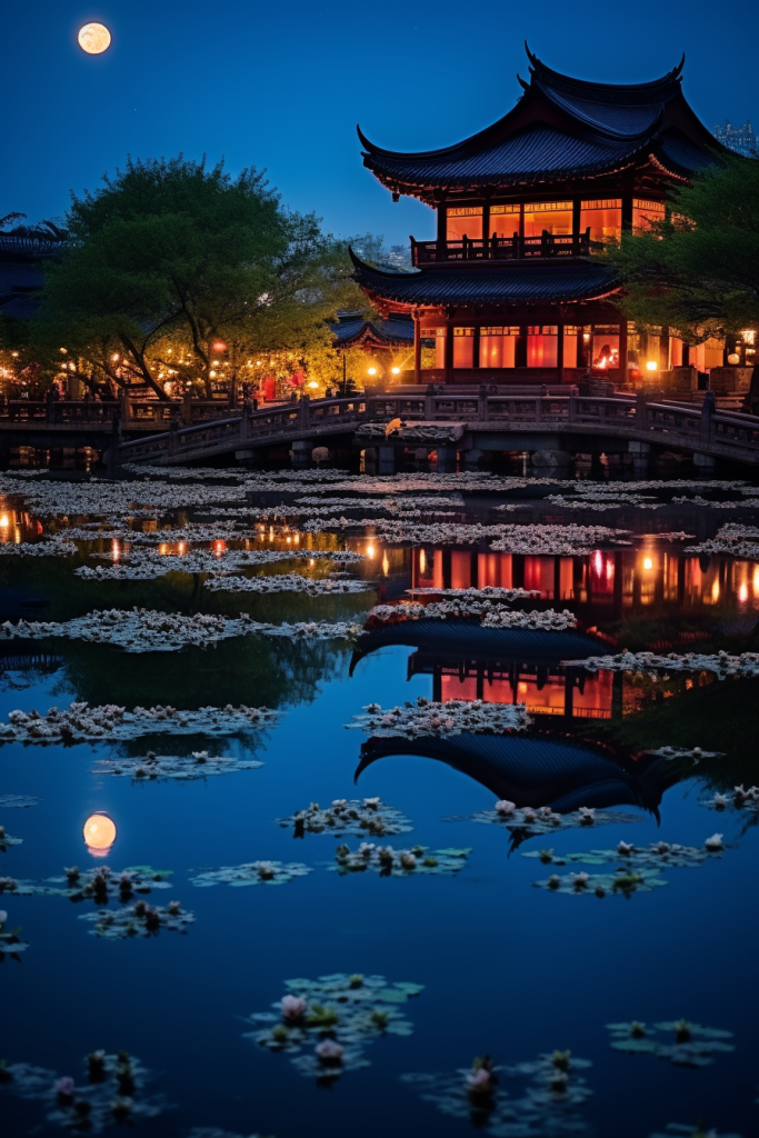 湖面倒影中秋节月亮水面思乡氛围摄影图