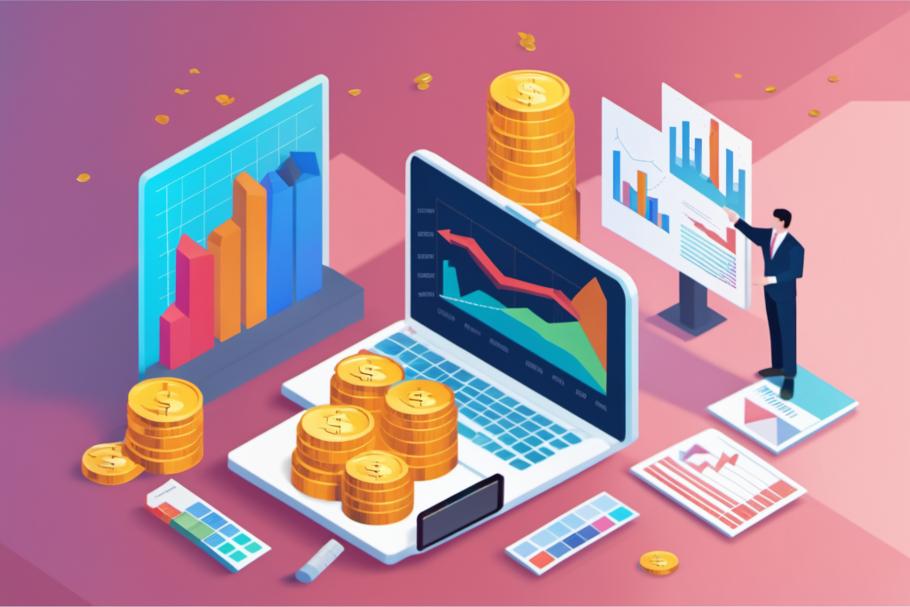 电脑屏幕投资金融理财投资立体场景插画图片