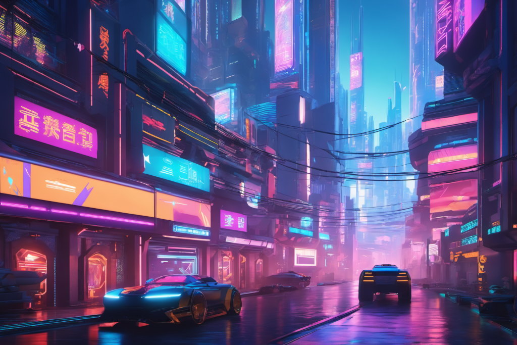 虚拟城市建筑物赛博朋克风都市城市插画图片