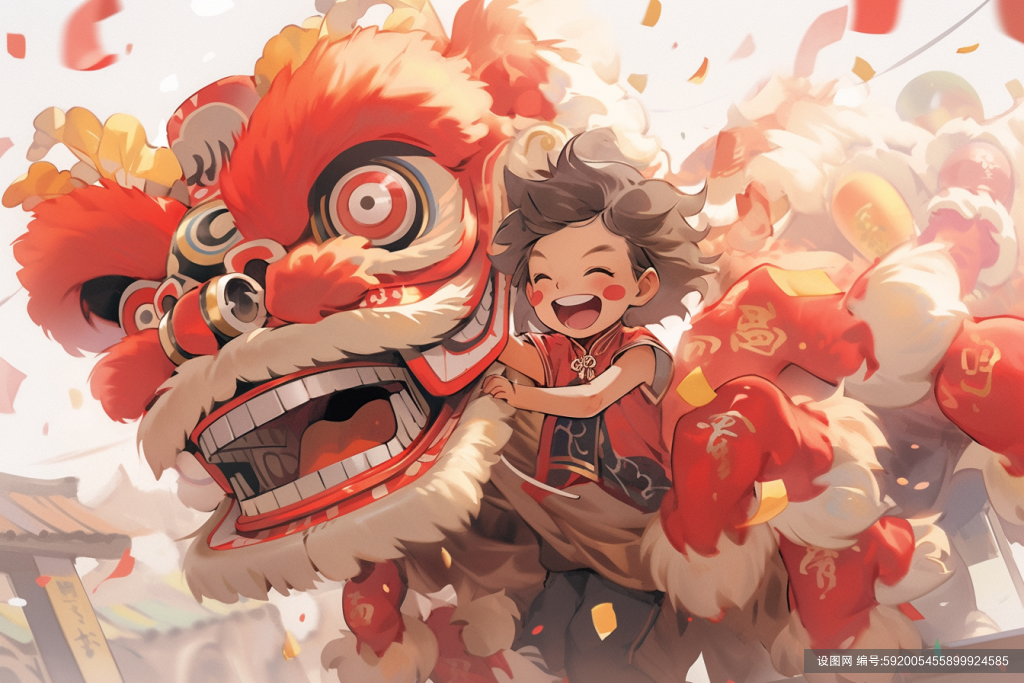 国潮风红灯笼舞狮少年庆祝插画图片png下载_编号592005455899924585-设图网