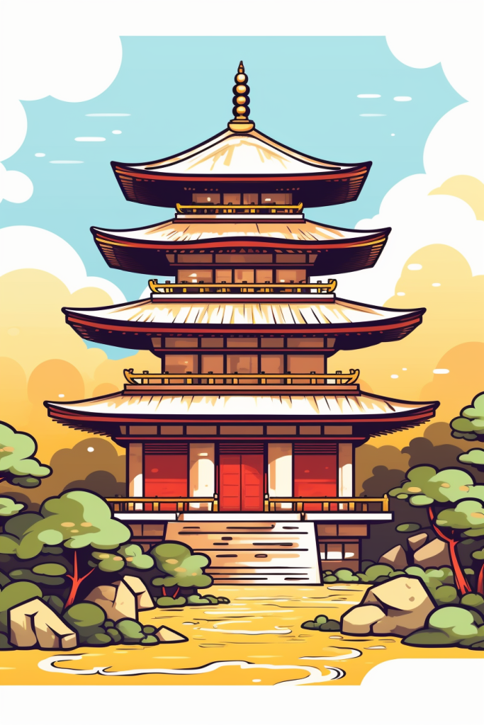 古韵设计概念描边国潮风建筑插画图片