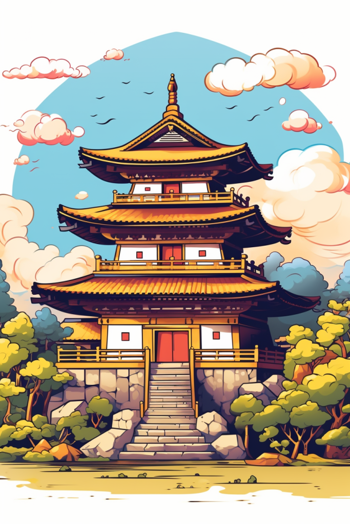 古韵设计概念描边国潮风建筑插画图片