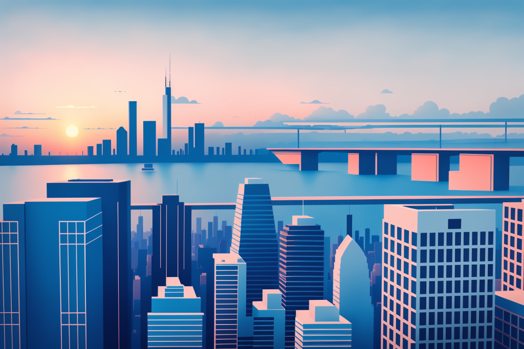 市区全景大楼城市剪影扁平插画图片