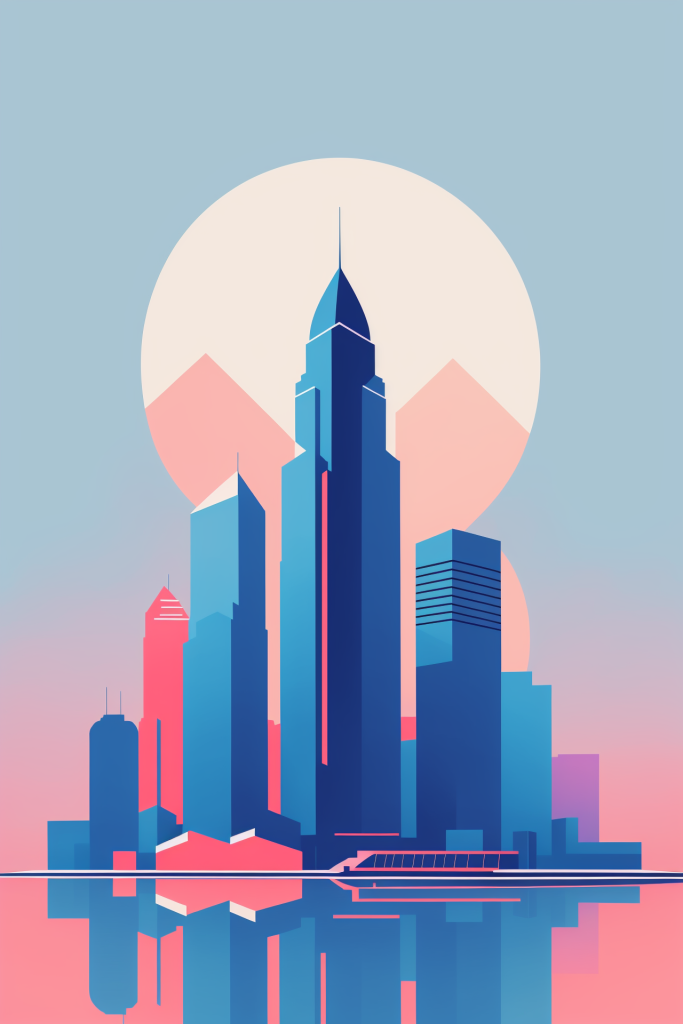 梦幻现代科技城市剪影扁平插画图片