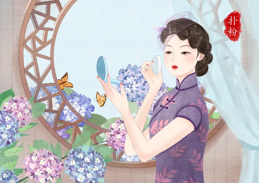 美妆旗袍美人梳妆插画