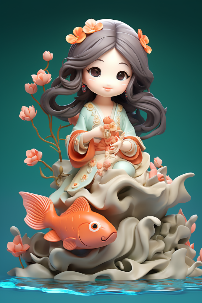 古风美女春节新年锦鲤人物模型