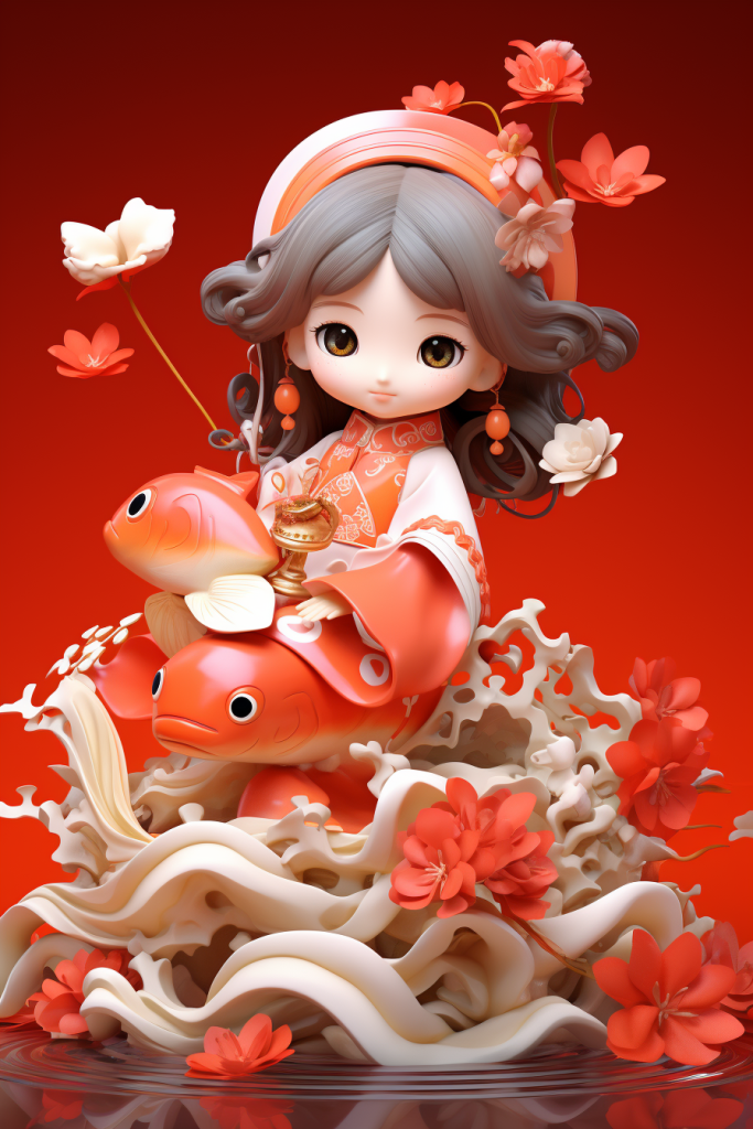 古风美女春节新年锦鲤人物模型