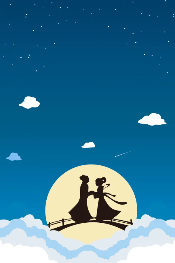 白云蓝色背景渐变月亮剪影七夕插画
